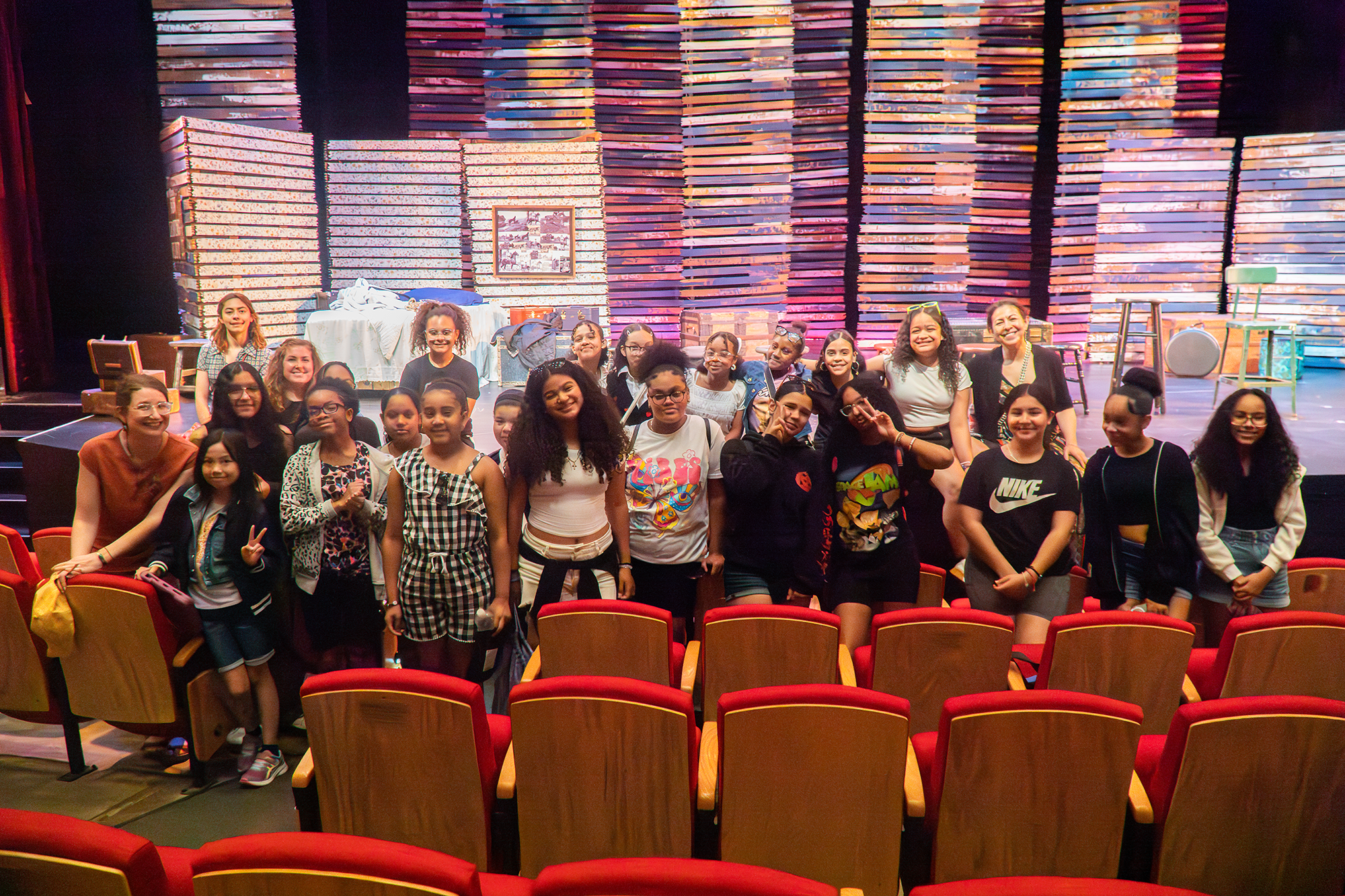 A group of students from the all-girls school Esperanza Academy at the Wheelock Family Theater in Boston.